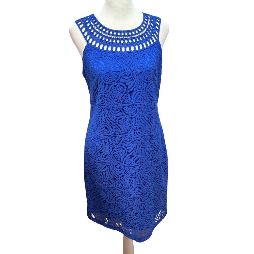 Royal Blue Lace Sheath Dress Crochet Lattice Neckline Sleeveless Cocktail #107